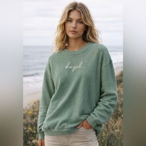 Hazel Waffle Knit Sweatshirt Green Embroidered Crewneck Size L